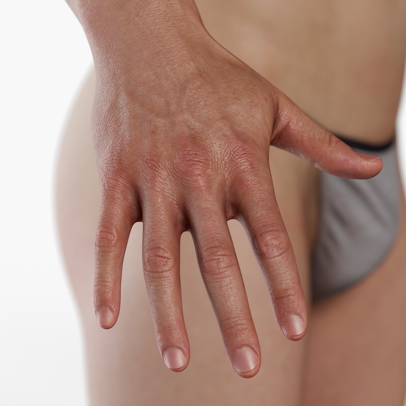 Detailed hand render from a lean male 3D body scan showing finger geometry, knuckle definition, and fine skin surface texture